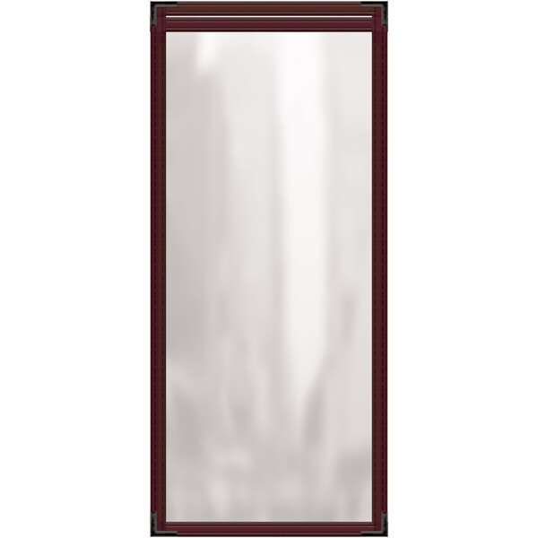 A rectangular object with a maroon vinyl cover and black corners.