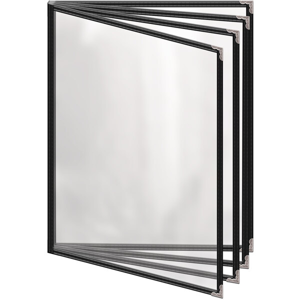 A group of black H. Risch, Inc. TEDD menu covers with silver decorative corners.