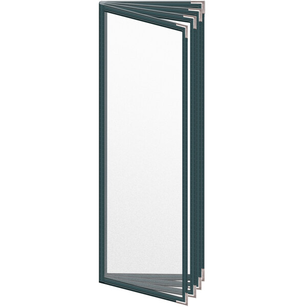 A white rectangular menu cover with silver corners and black lines.