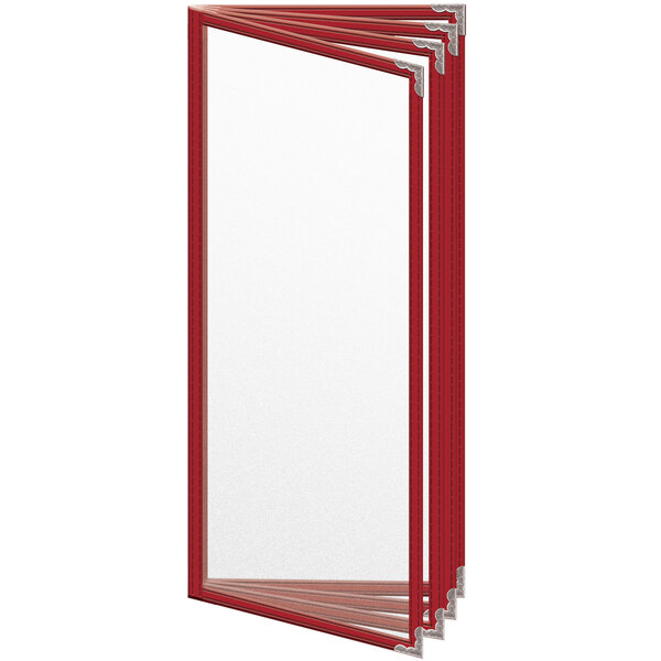 A red rectangular menu cover with silver corners and a matte finish.