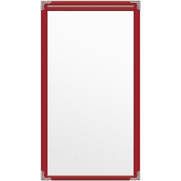 A red rectangular menu cover with silver corners and stitching.