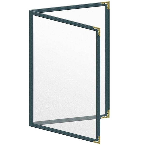 A rectangular green menu cover with gold decorative corners.