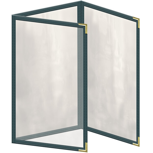 A green vinyl menu cover with gold smooth corners.