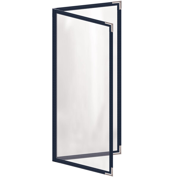 A white and blue rectangular menu cover with silver corners and a gloss finish.
