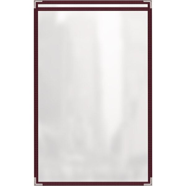 A white rectangular menu cover with a maroon border and silver corners.