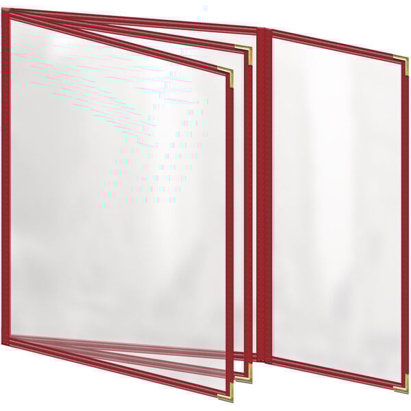 A red H. Risch, Inc. menu cover with gold corners and clear plastic.