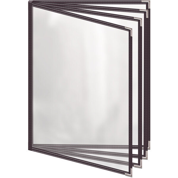 A brown menu cover with silver corners and a glossy finish.
