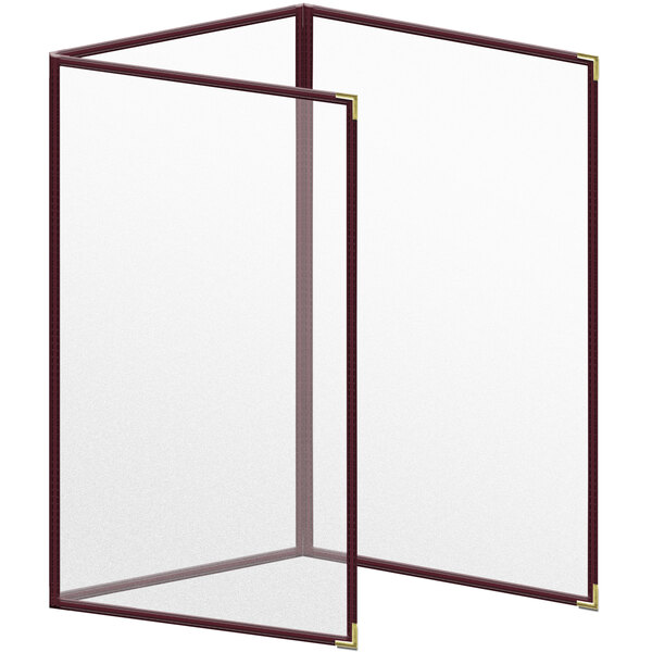 A maroon rectangular vinyl menu cover with gold smooth corners.