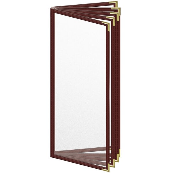 A maroon vinyl menu cover with gold smooth corners and a matte finish.