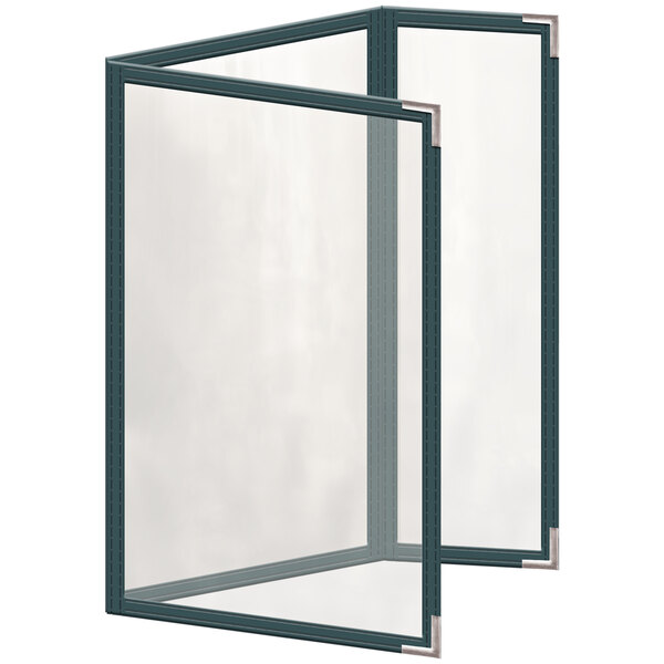 A green H. Risch, Inc. menu cover with silver corners and glossy finish on a white surface.
