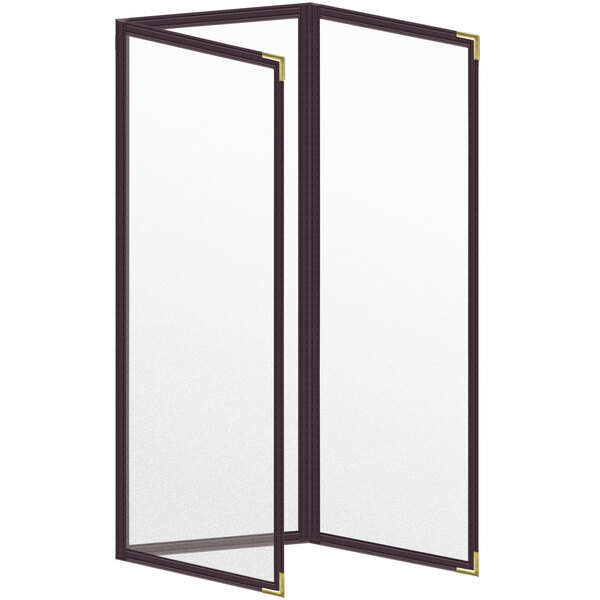 A white board with a brown sewn vinyl cover and gold corners.