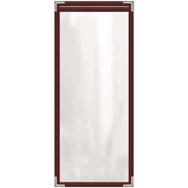 A rectangular maroon vinyl menu cover with silver corners and a glossy finish.