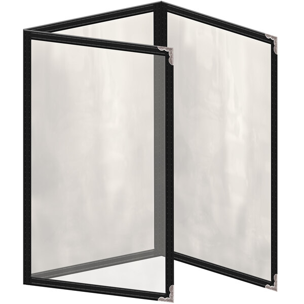 A black rectangular vinyl menu cover with silver decorative corners and a black and white rectangular menu inside.