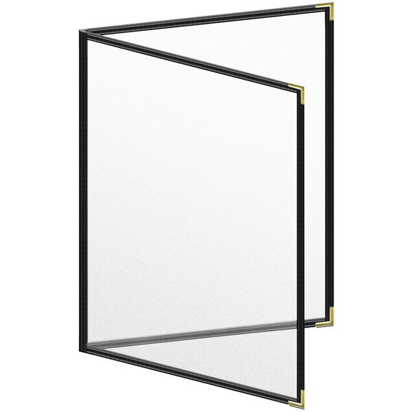 A black menu cover with gold smooth corners and a matte finish with white pages showing.