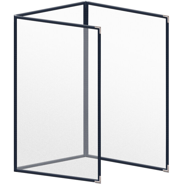 A blue rectangular vinyl menu cover with silver corners and a matte finish.