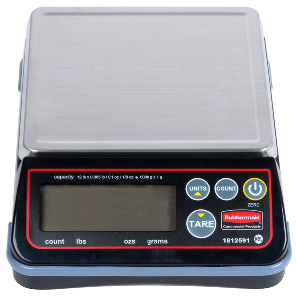 A Rubbermaid digital portion scale with a blue screen.