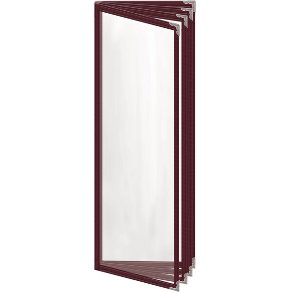 A rectangular maroon menu cover with silver decorative corners.