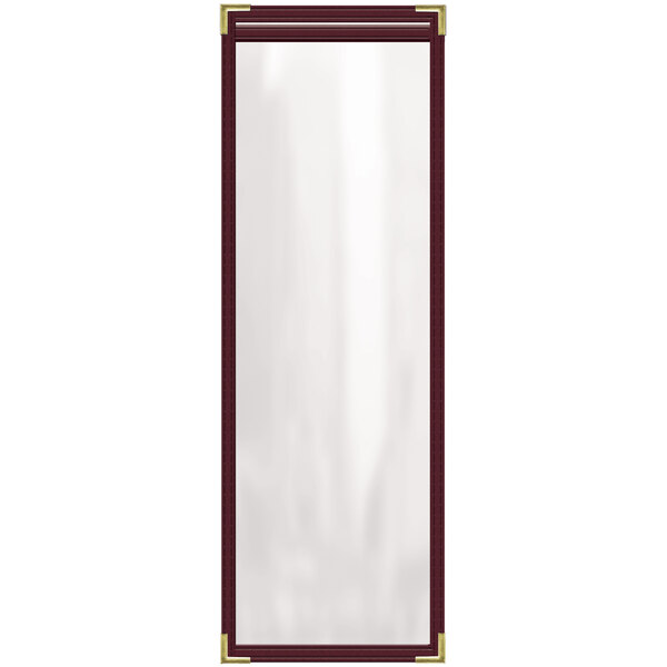 A rectangular maroon vinyl menu cover with gold corners and trim.