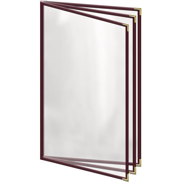 A maroon rectangular vinyl menu cover with gold smooth corners and a clear cover.