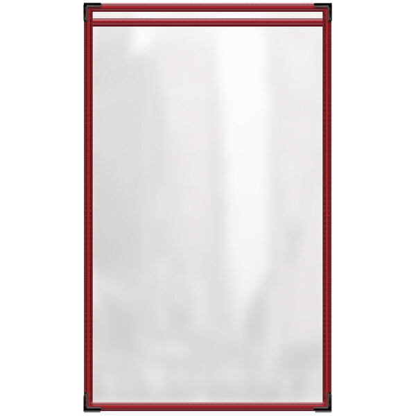 A white board with red trim holding a menu with a red border.