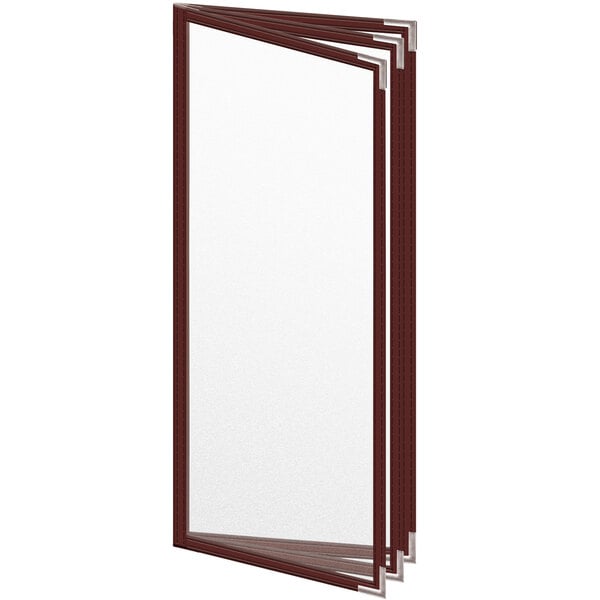 A maroon vinyl menu cover with silver smooth corners and matte finish with a white board inside.