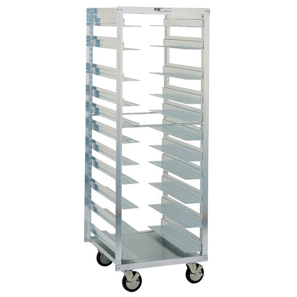 A Metro sheet pan rack with shelves on wheels.