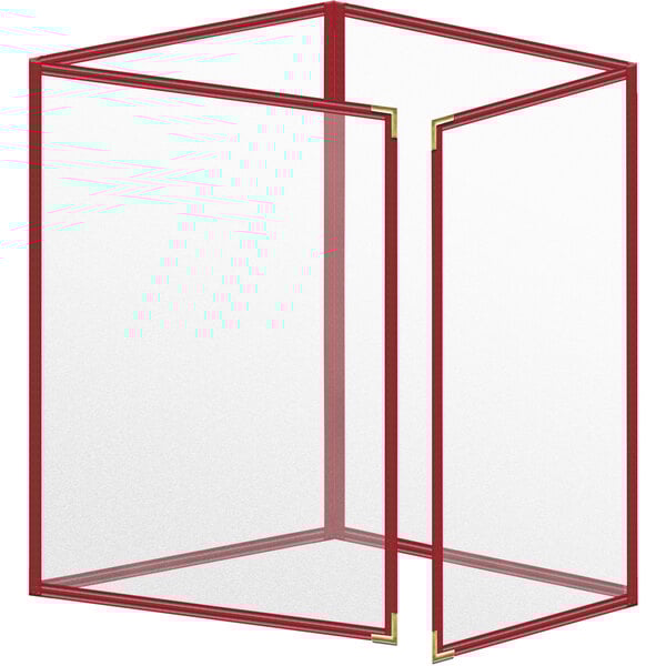 A transparent box with red trim holding a red and white rectangular menu cover.