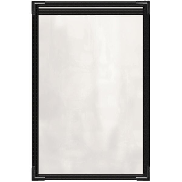 A close up of a H. Risch, Inc. black vinyl menu cover with black smooth corners and a black border.