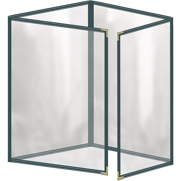 A white rectangular menu cover with a black border and gold corners on the inside.