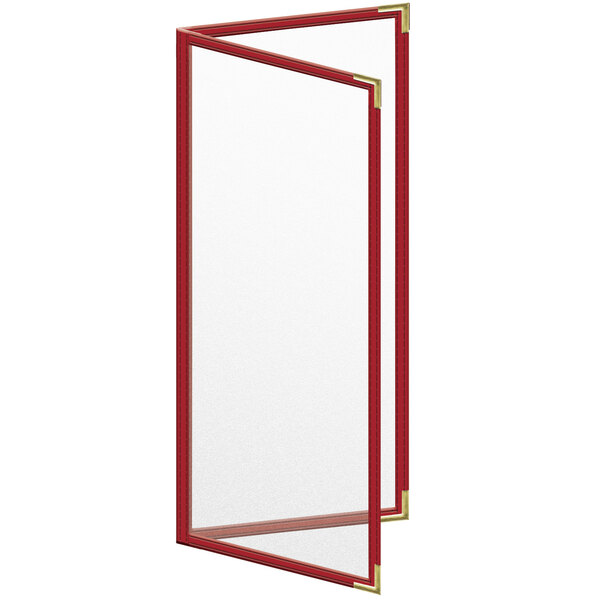 A red rectangular menu cover with gold corners and a matte finish.