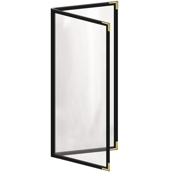 A black menu cover with gold corners and trim on a white background.
