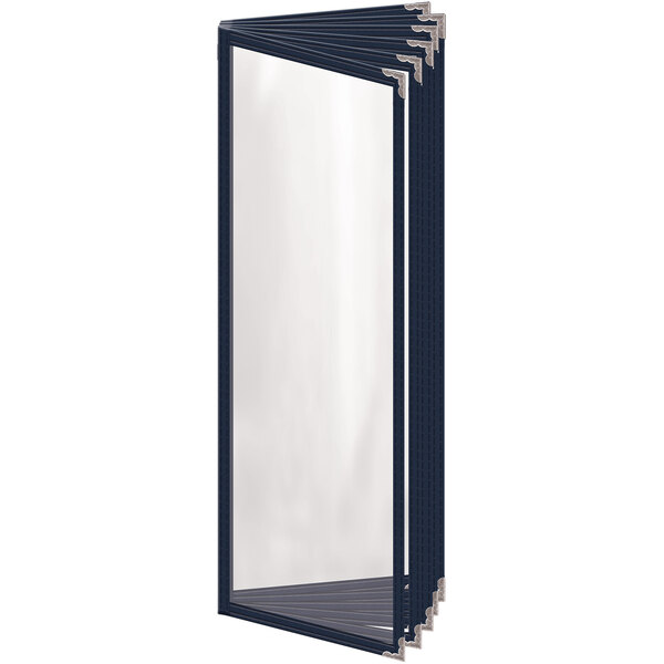 A blue rectangular vinyl menu cover with silver decorative corners.