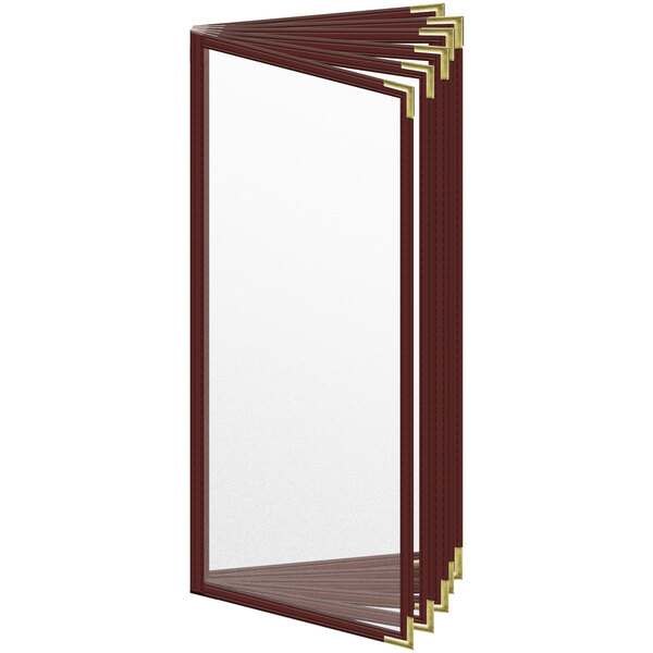 A maroon H. Risch, Inc. vinyl menu cover with gold smooth corners and a matte finish with a window showing a menu with gold accents.
