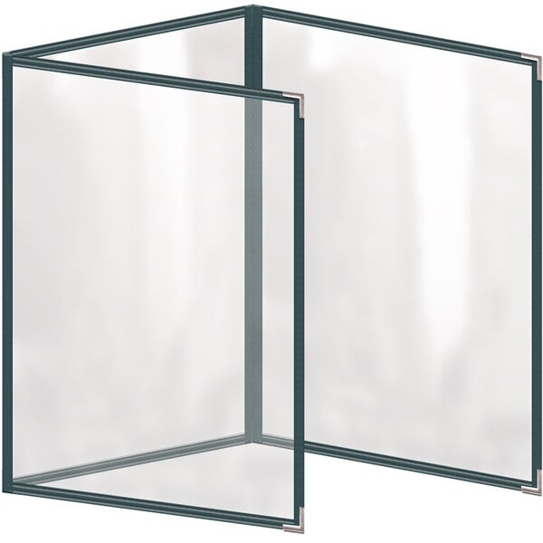 A green rectangular vinyl menu cover with silver corners and a clear surface.