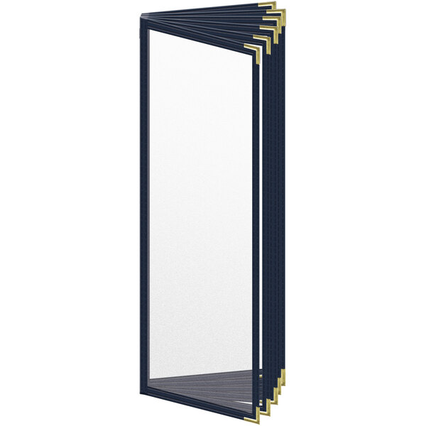 A white rectangular object with a blue border and gold corners.
