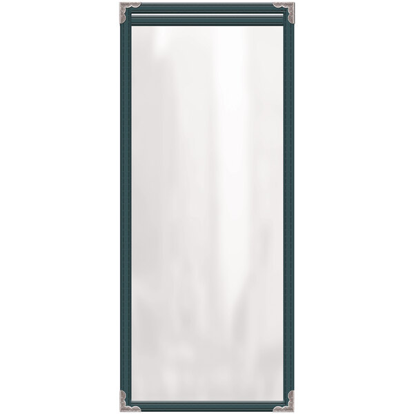 A white rectangular menu cover with silver decorative corners.