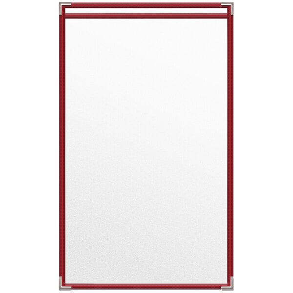 A white menu cover with red trim and a matte finish.