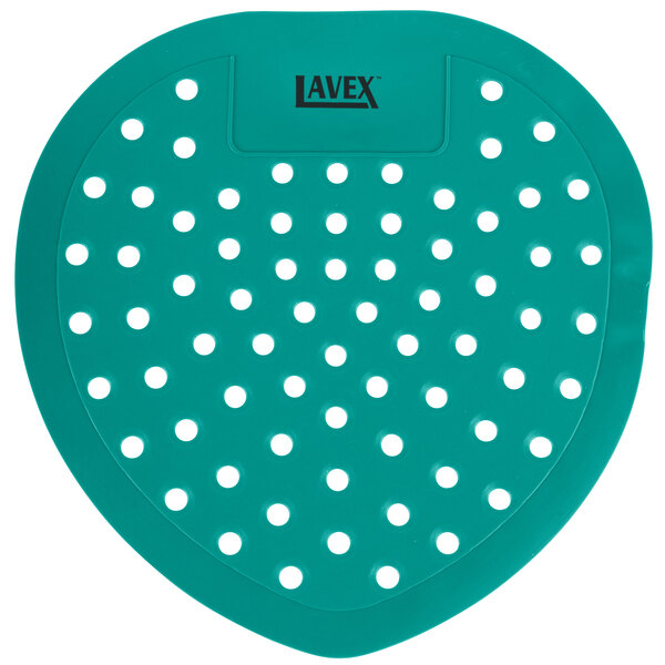 A teal green heart-shaped Lavex urinal screen with white dots.