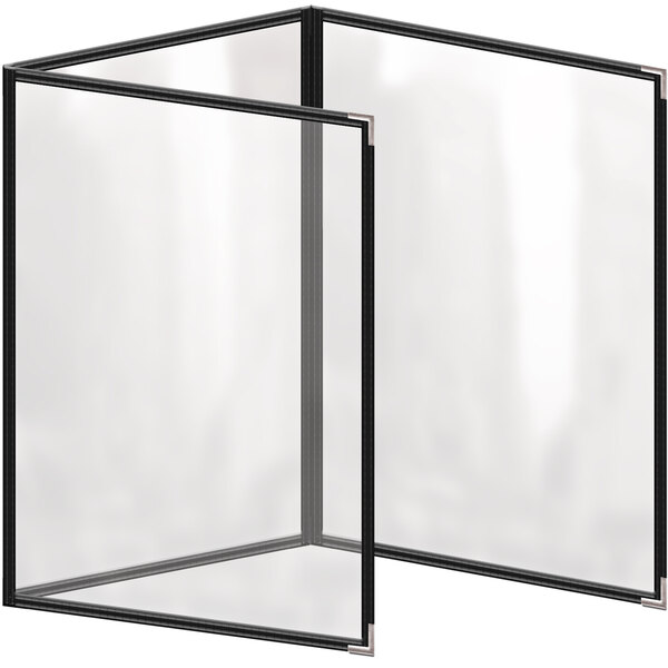 A black vinyl menu cover with silver smooth corners.
