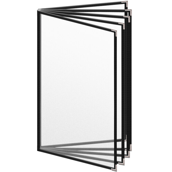 A white rectangular menu cover with black borders and a white interior with black corners.