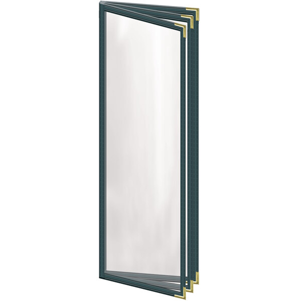 A white rectangular menu cover with black trim and gold corners.