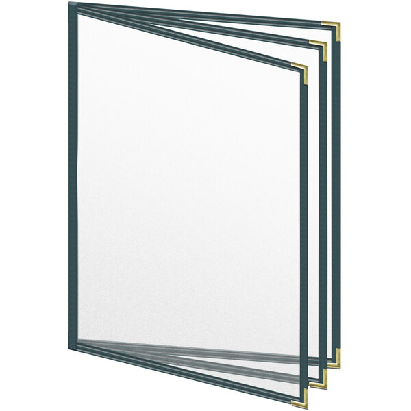 A stack of white papers with gold corners.