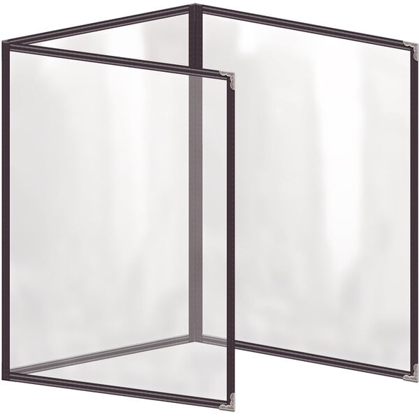 A brown vinyl menu cover with silver decorative corners and a glossy finish with rectangular glass panels inside.