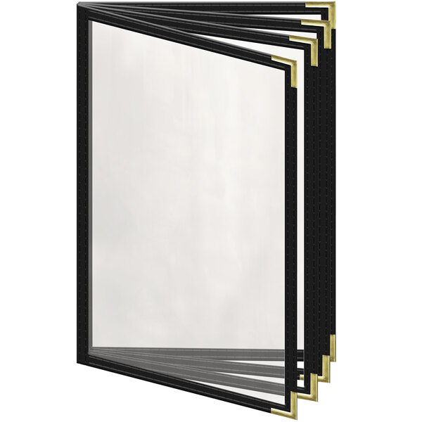 A black menu cover with gold smooth corners and a glossy finish with a white sheet inside.