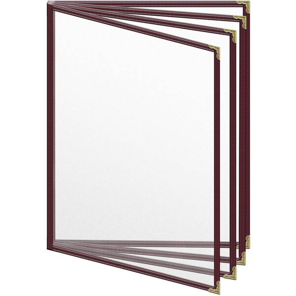 A group of maroon H. Risch menu covers with gold corners.