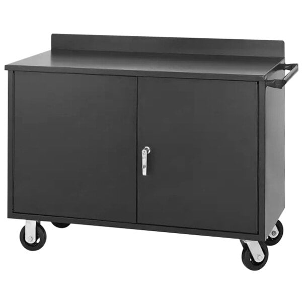 A black workbench cabinet with wheels.