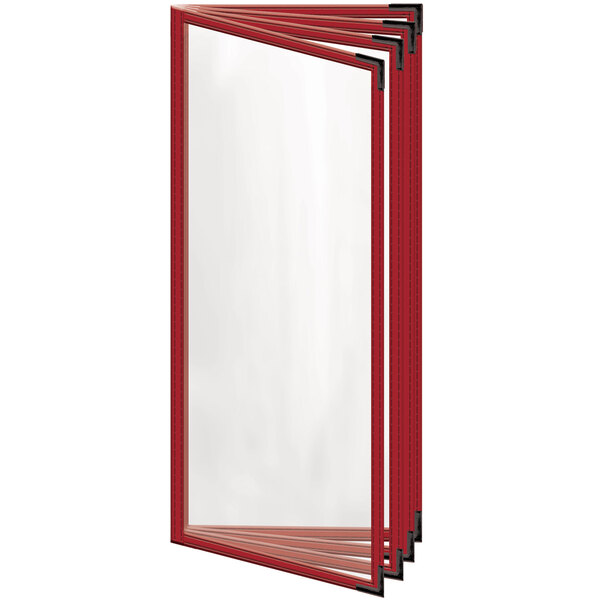 A red rectangular menu cover with black corners and a gloss finish.