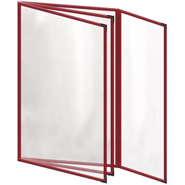 A red H. Risch, Inc. menu cover with clear panels.