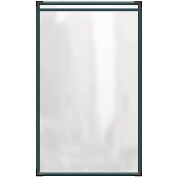 A green vinyl menu cover with black smooth corners and a glossy finish.