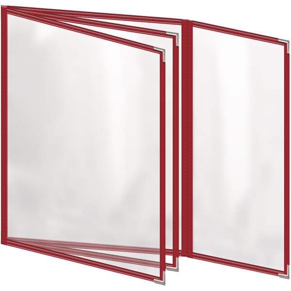 A red folder with white paper inside and silver corners with a rectangular frame.